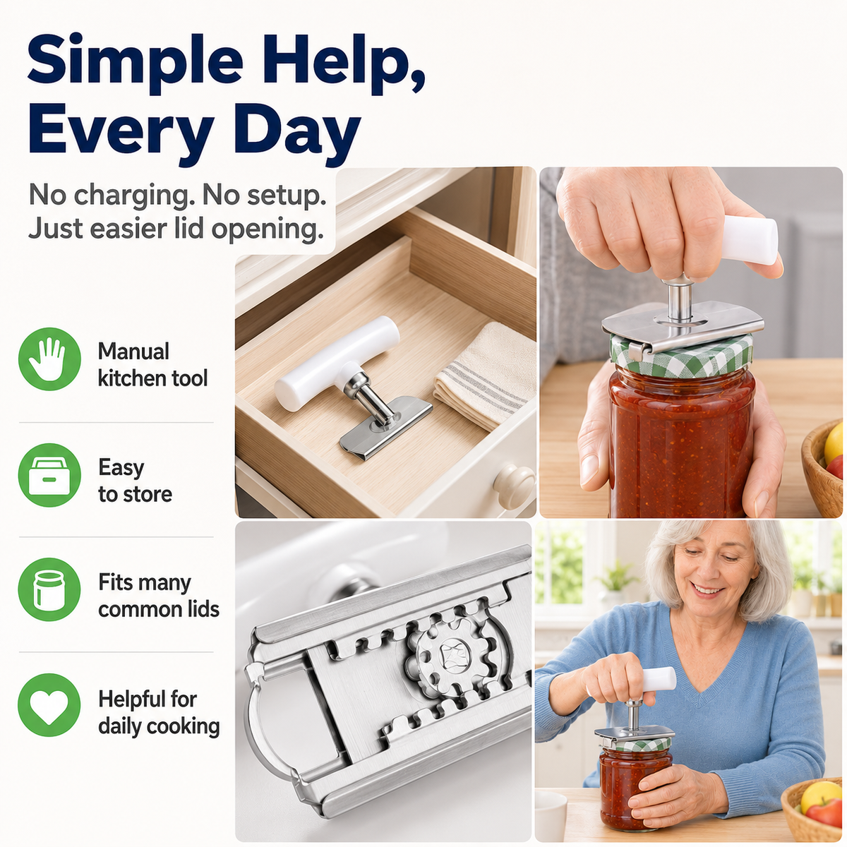 for Seniors with Arthritis, Jar Opener for Weak Hands, Kitchen Tool With Lid Opener Tool, Adjustable Grip Stainless Steel for Opening, Fits Lids 2.5–10cm