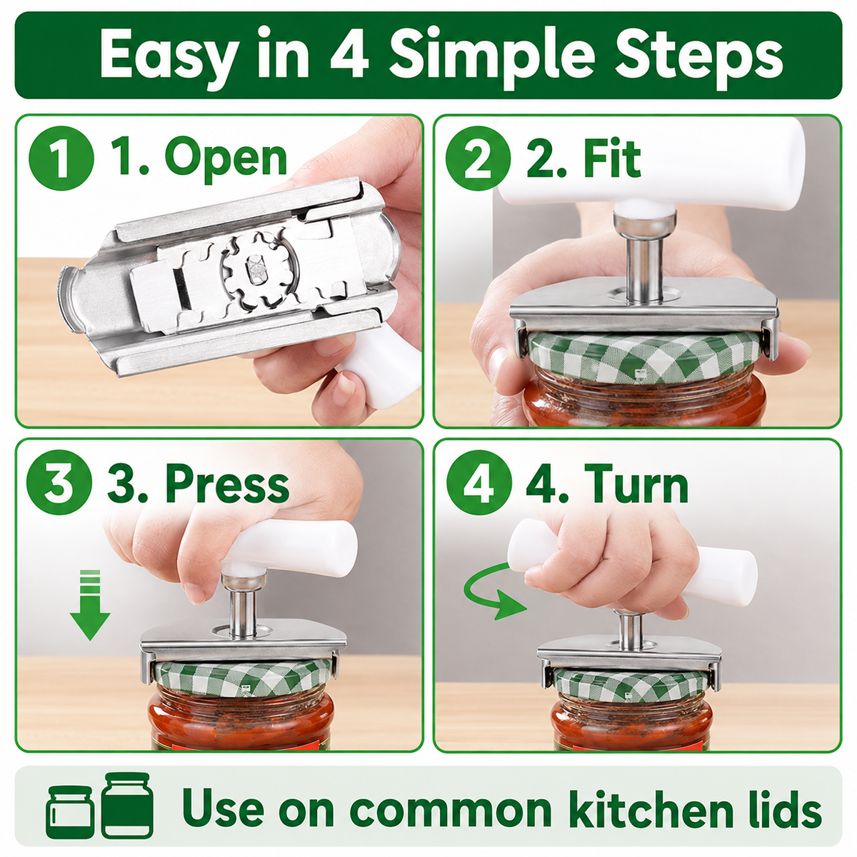 for Seniors with Arthritis, Jar Opener for Weak Hands, Kitchen Tool With Lid Opener Tool, Adjustable Grip Stainless Steel for Opening, Fits Lids 2.5–10cm