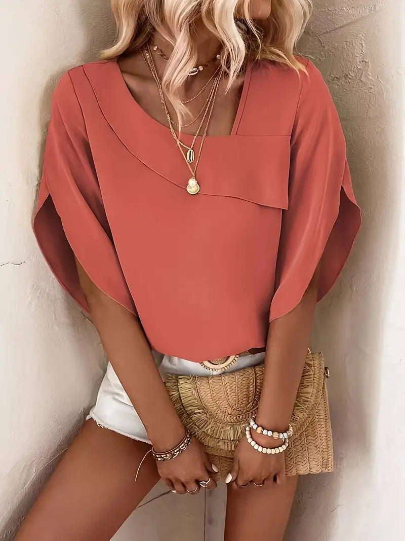 Sfrcord® Solid Color Skew Neck Blouse